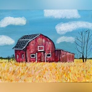 Original Art Old Barn Landscape Acrylic Canvas Painting Size 11”x14” Artwork